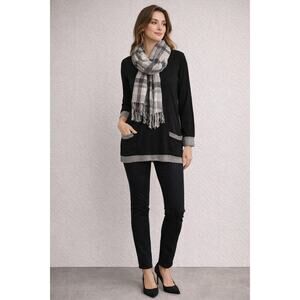 Womens Black Work Outfit Gray Trim Top Black Pants Plaid Scarf 3 Piece